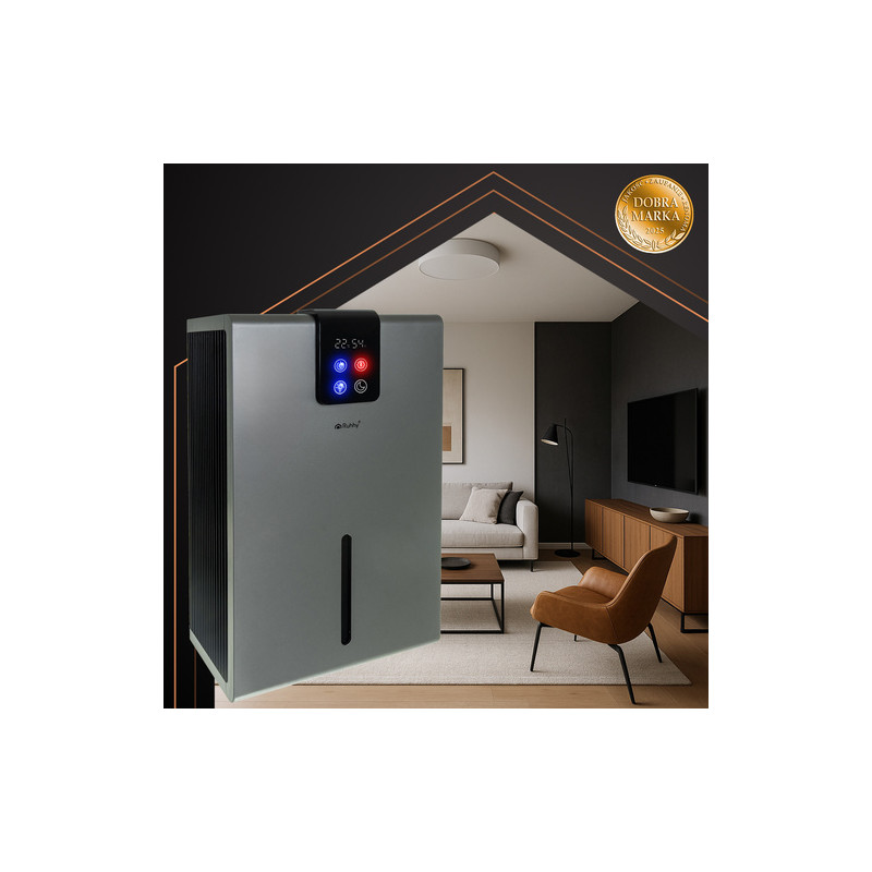 Sølv luftavfukter 2,2 L med hygrometer, hygrostat, LED-lys, timer og fjernkontroll – 21 × 15 × 36 cm