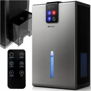 Sølv luftavfukter 2,2 L med hygrometer, hygrostat, LED-lys, timer og fjernkontroll – 21 × 15 × 36 cm