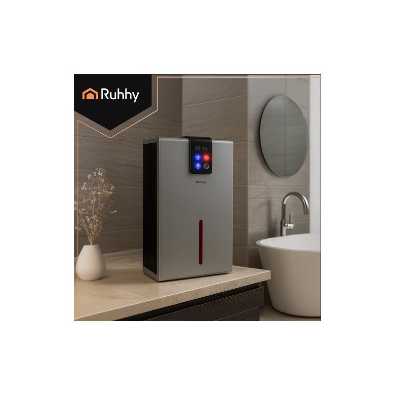 Sølv luftavfukter 2,2 L med hygrometer, hygrostat, LED-lys, timer og fjernkontroll – 21 × 15 × 36 cm