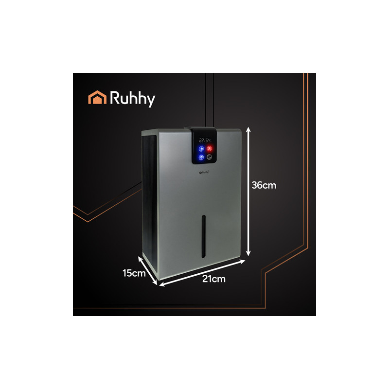 Sølv luftavfukter 2,2 L med hygrometer, hygrostat, LED-lys, timer og fjernkontroll – 21 × 15 × 36 cm