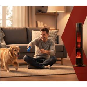 Søyleformet varmevifte 2000W med realistisk ildstadseffekt, termostat og fjernkontroll – 77 × 20 × 20 cm