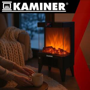 Svart elektrisk peis 2000W med realistisk 3D-illeffekt, LED-display, timer og fjernkontroll – 52,5 × 32 × 18 cm