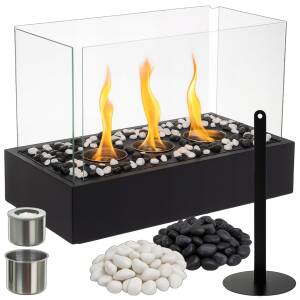 Svart frittstående biopeis med glassvegger, 3 brennere og dekorsteiner – 45 × 30 × 21 cm