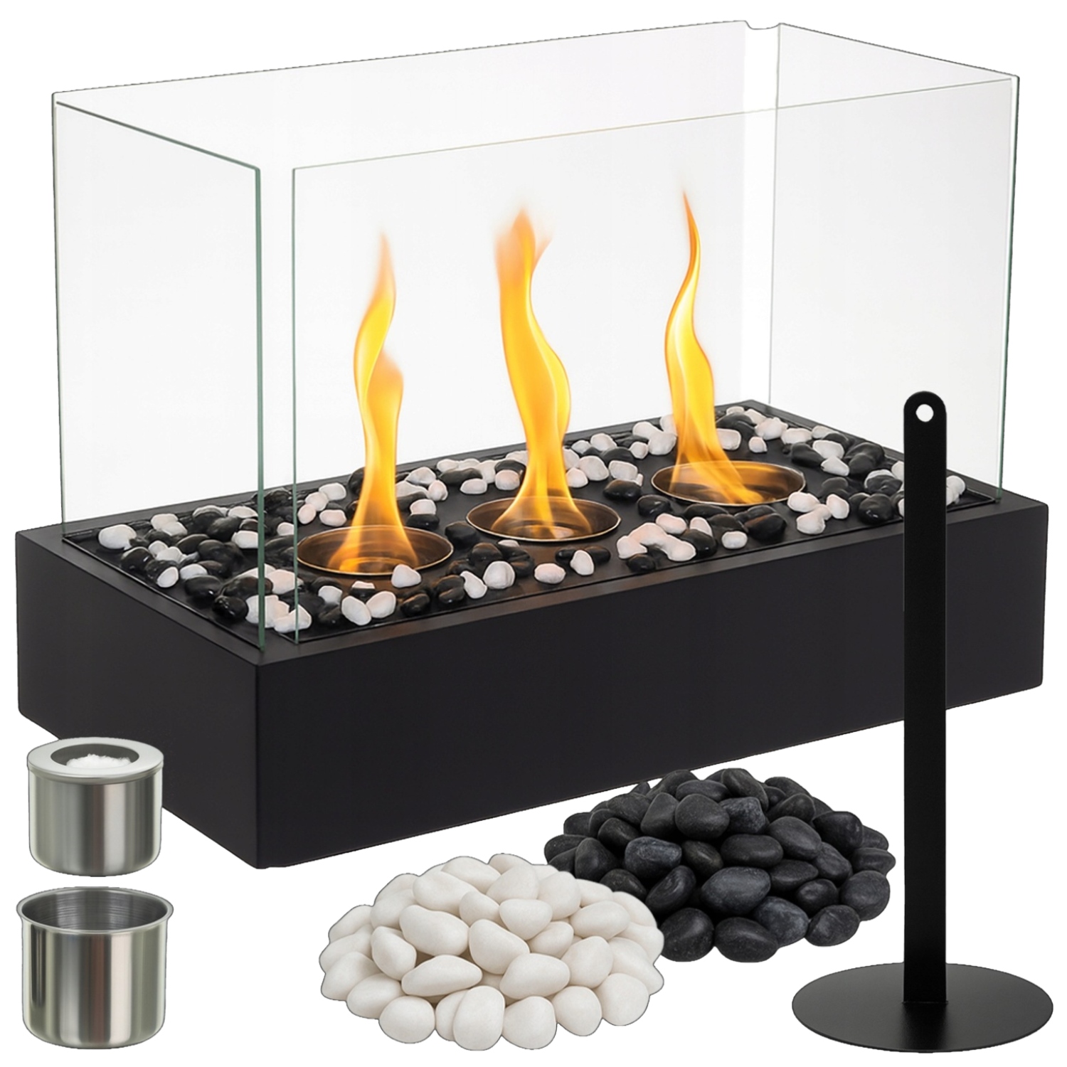 Svart frittstående biopeis med glassvegger, 3 brennere og dekorsteiner – 45 × 30 × 21 cm