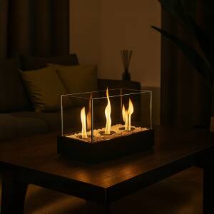 Svart frittstående biopeis med glassvegger, 3 brennere og dekorsteiner – 45 × 30 × 21 cm