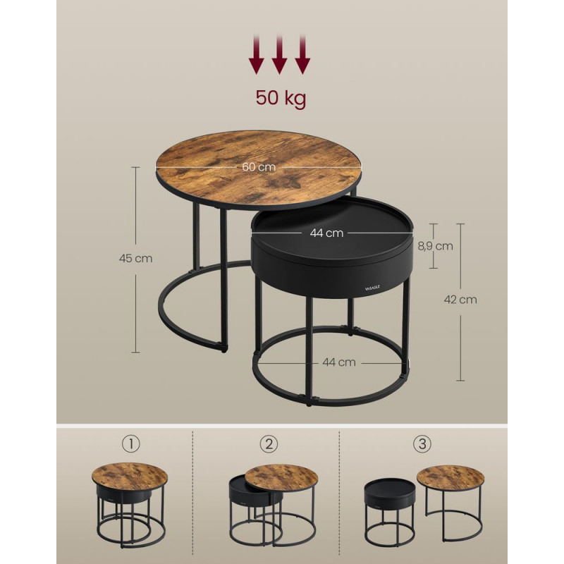 2-pack runde sofabord i vintagestil – vintagebrun og svart