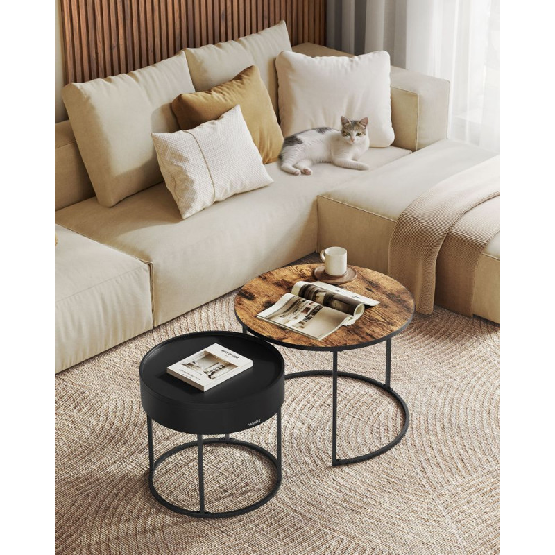 2-pack runde sofabord i vintagestil – vintagebrun og svart