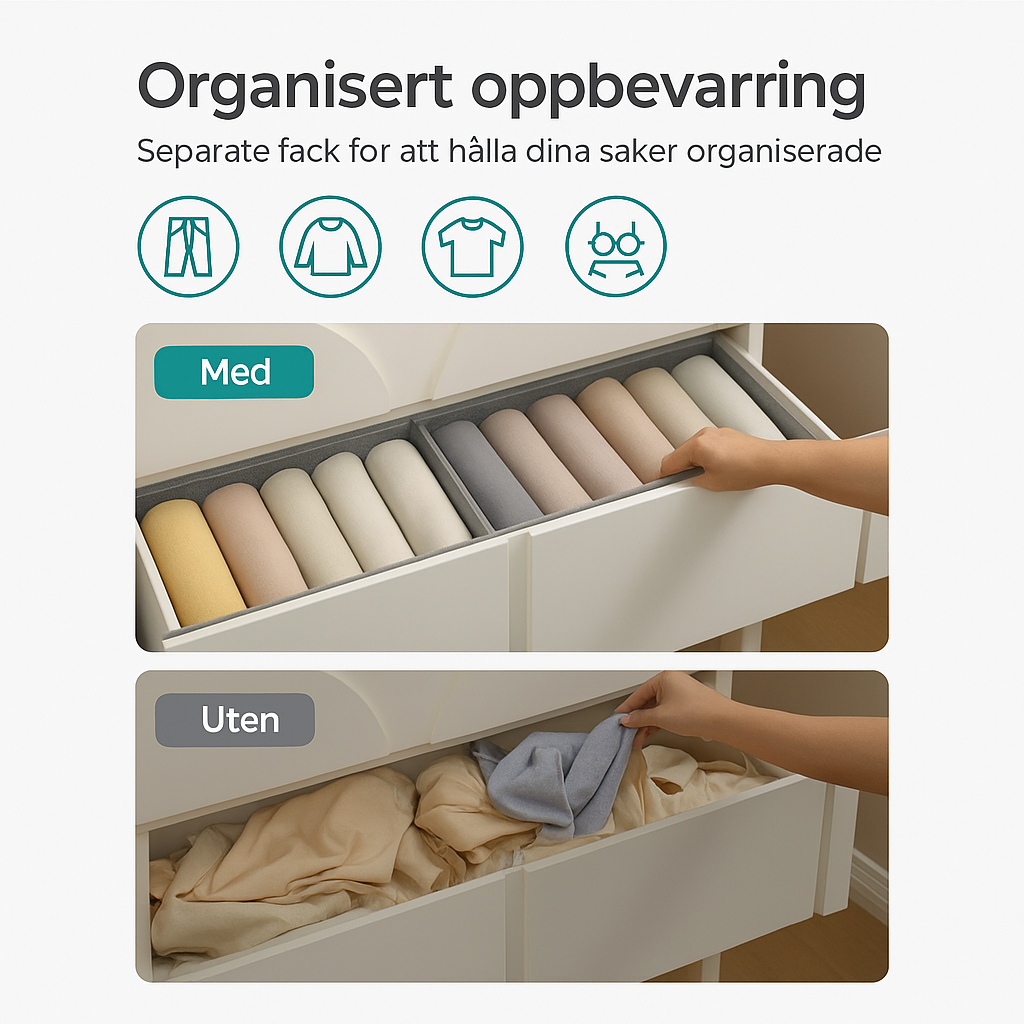 2 skuffer med 6-roms garderobeorganisatorer, sammenleggbare