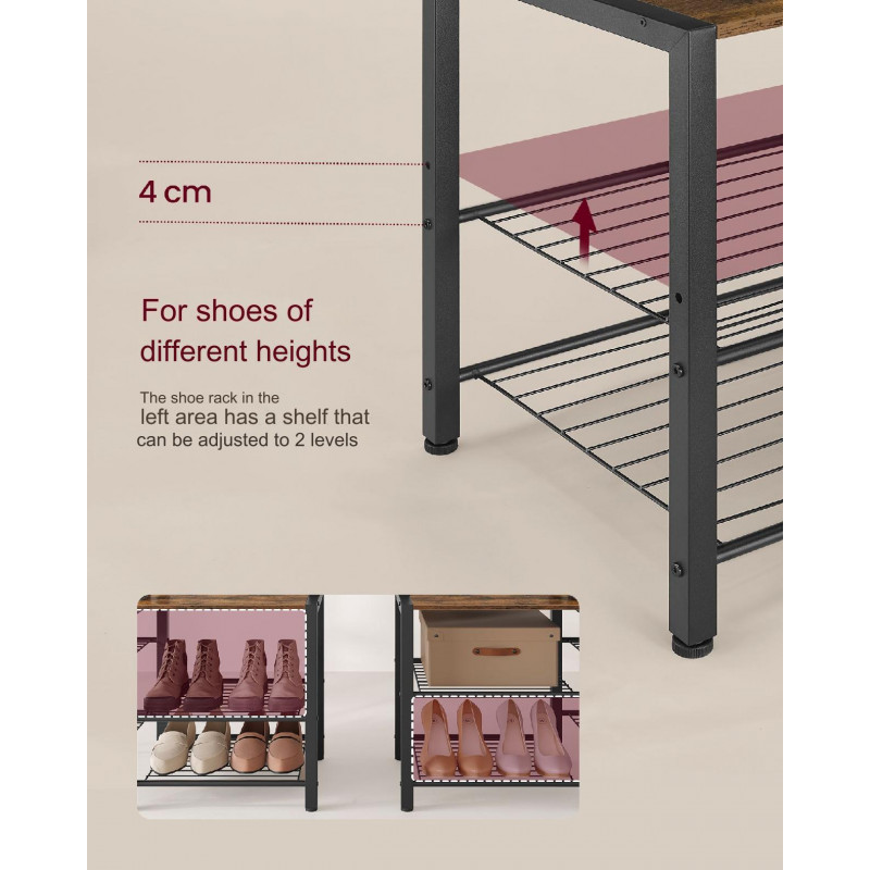 4-i-1 hallmøbel med klesstativ, sittebenk og skohylle – vintagebrun, 40 × 120 × 190 cm