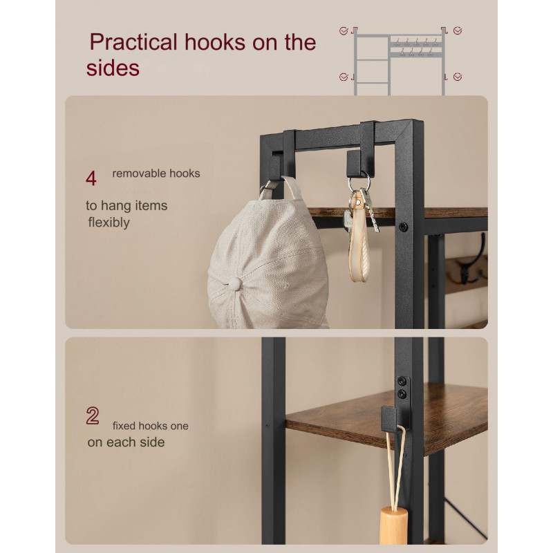 4-i-1 hallmøbel med klesstativ, sittebenk og skohylle – vintagebrun, 40 × 120 × 190 cm