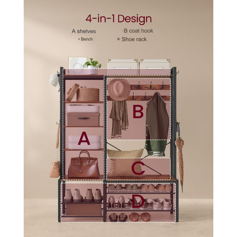 4-i-1 hallmøbel med klesstativ, sittebenk og skohylle – vintagebrun, 40 × 120 × 190 cm