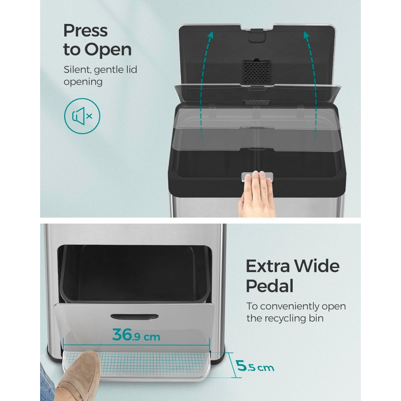 60 L sorteringssøppelbøtte til kjøkken, 3-i-1 med 3 rom – rustfritt stål, 42 × 30 × 81 cm