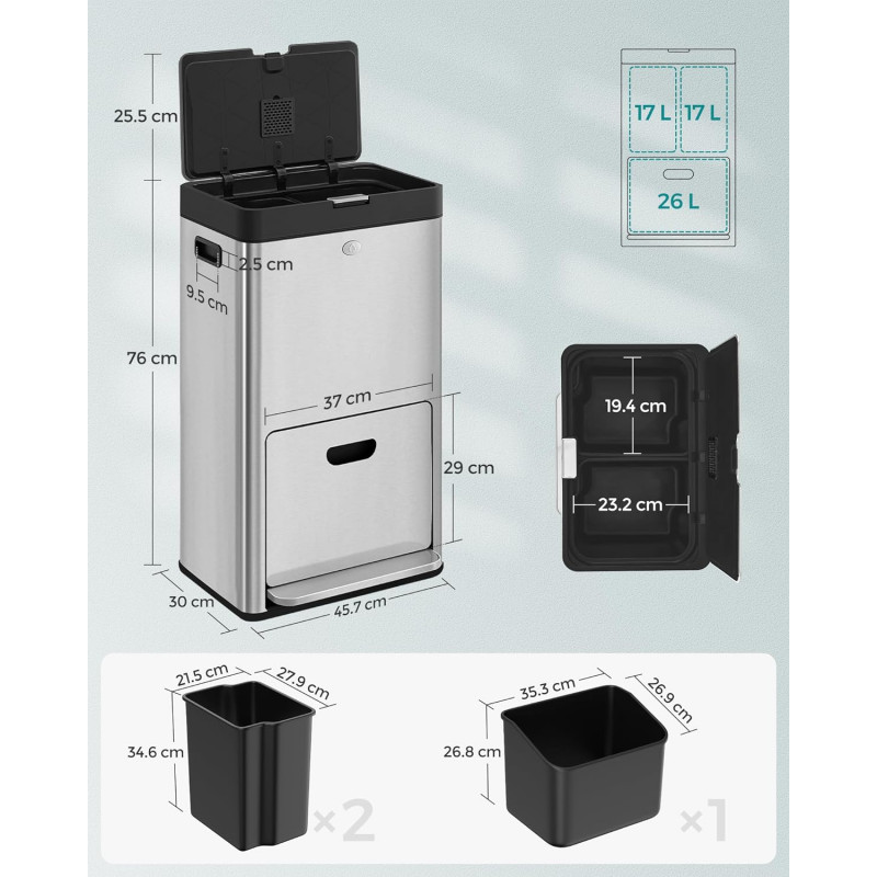 60 L sorteringssøppelbøtte til kjøkken, 3-i-1 med 3 rom – rustfritt stål, 42 × 30 × 81 cm