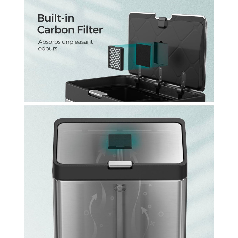 60 L sorteringssøppelbøtte til kjøkken, 3-i-1 med 3 rom – rustfritt stål, 42 × 30 × 81 cm