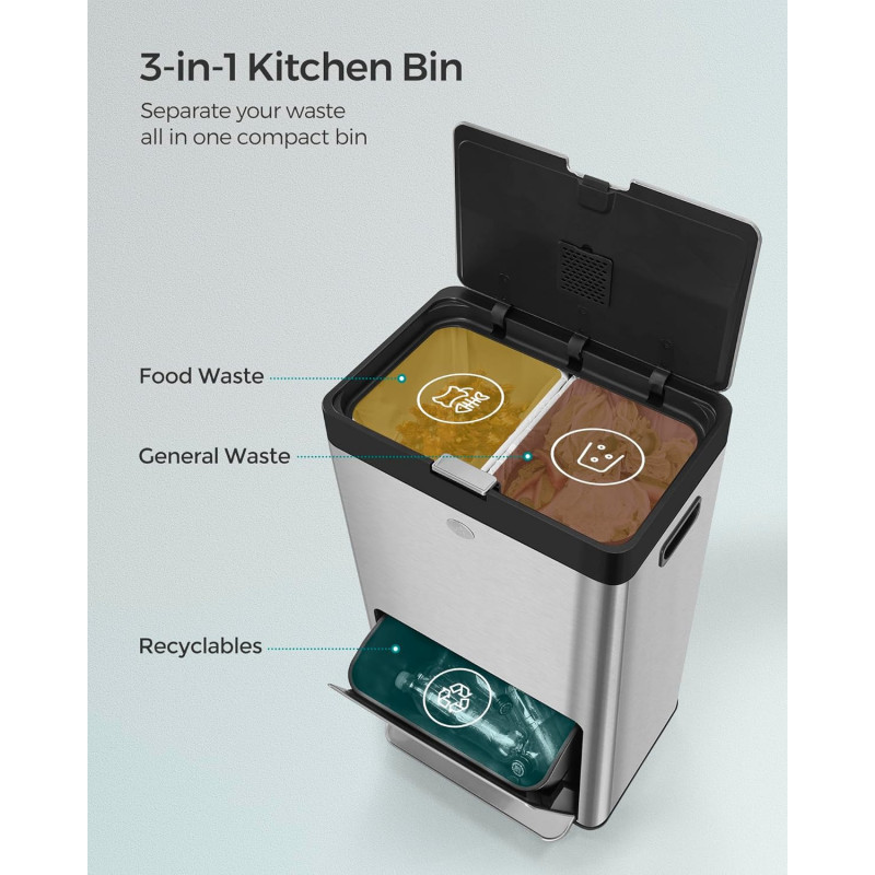 60 L sorteringssøppelbøtte til kjøkken, 3-i-1 med 3 rom – rustfritt stål, 42 × 30 × 81 cm