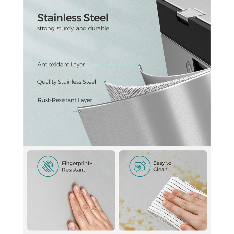 60 L sorteringssøppelbøtte til kjøkken, 3-i-1 med 3 rom – rustfritt stål, 42 × 30 × 81 cm