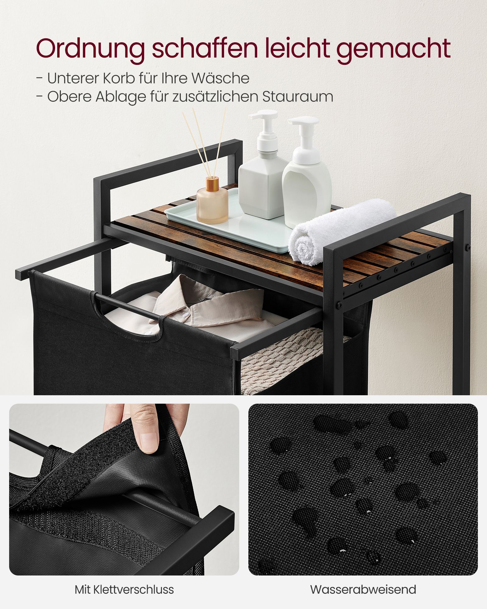 Skittentøyskurv på stativ med avtakbar tøysekk, 65 L, svart og brun – 50 × 33 × 72 cm