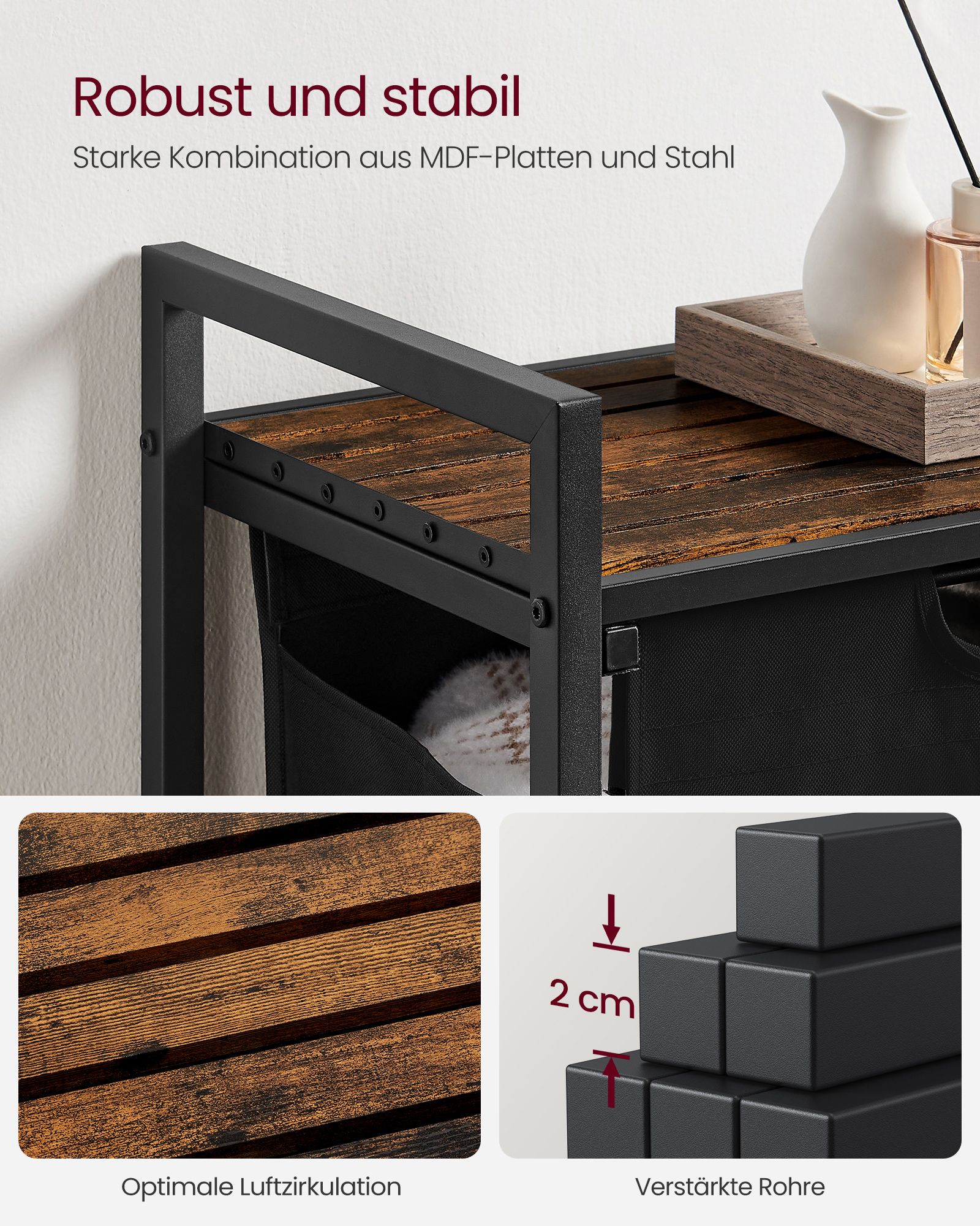 Skittentøyskurv på stativ med avtakbar tøysekk, 65 L, svart og brun – 50 × 33 × 72 cm