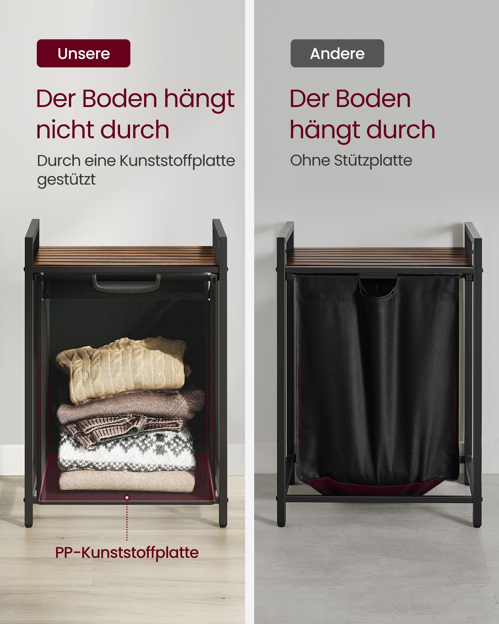 Skittentøyskurv på stativ med avtakbar tøysekk, 65 L, svart og brun – 50 × 33 × 72 cm