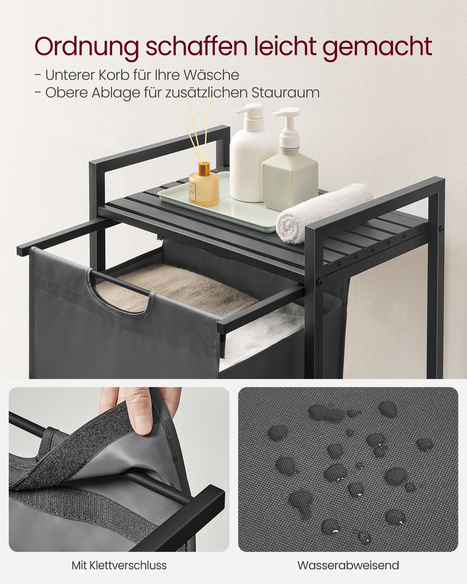 Skittentøysstativ med hylle og tøysekk, 65 L, 50 × 33 × 72 cm – svart/grå