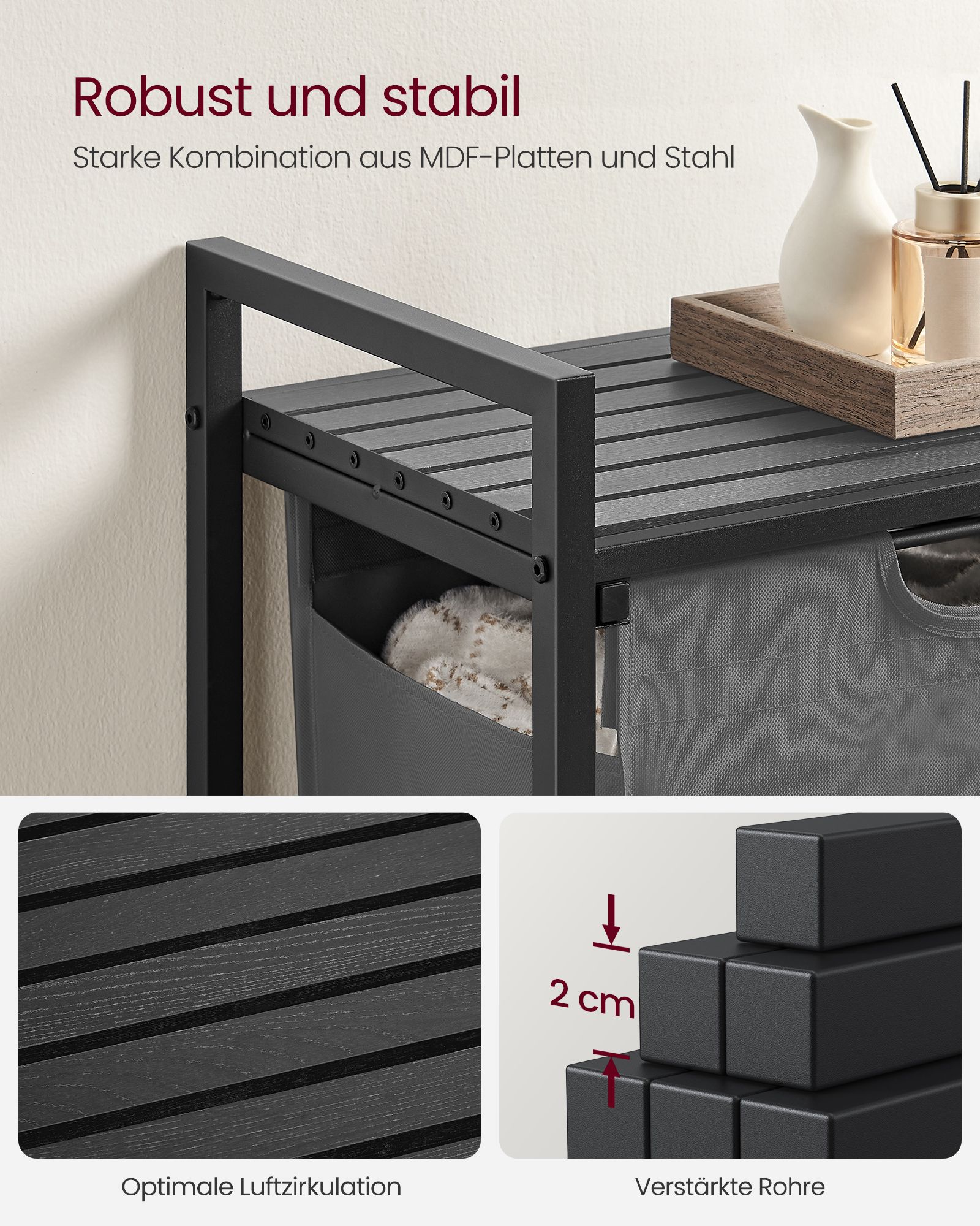 Skittentøysstativ med hylle og tøysekk, 65 L, 50 × 33 × 72 cm – svart/grå