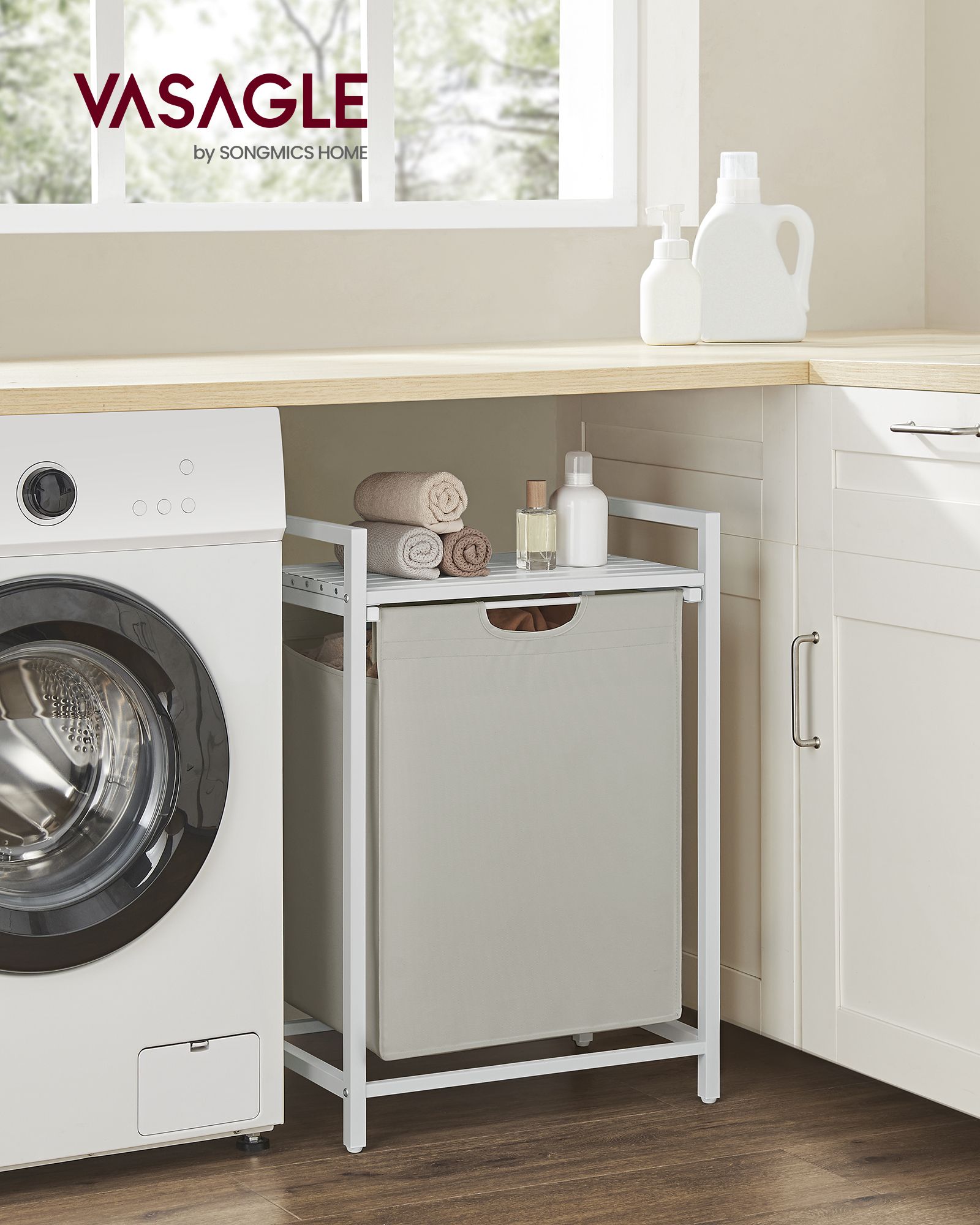 Skittentøyskurv 65 L med oppbevaringshylle, 50 × 33 × 72 cm – hvit og grå