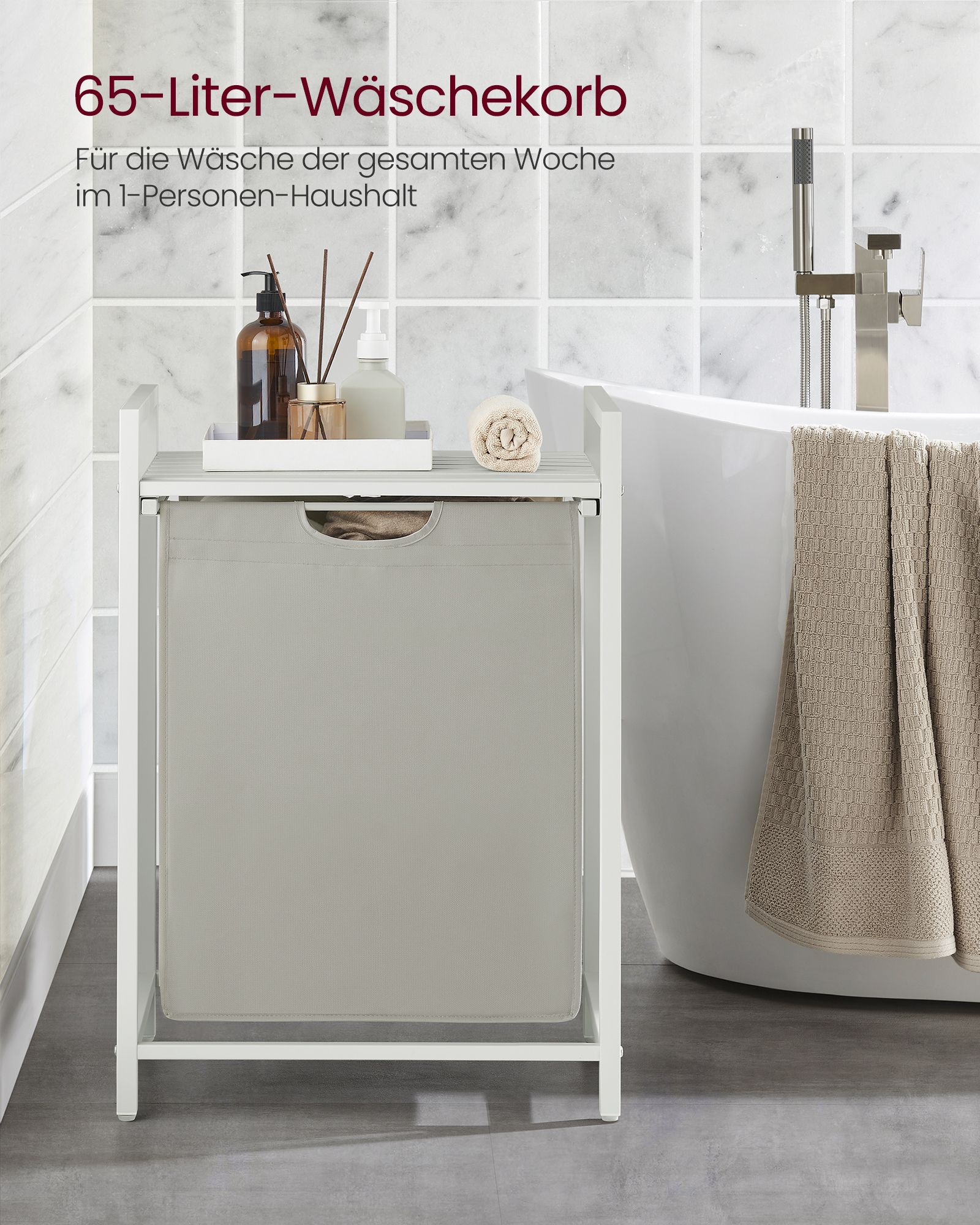 Skittentøyskurv 65 L med oppbevaringshylle, 50 × 33 × 72 cm – hvit og grå