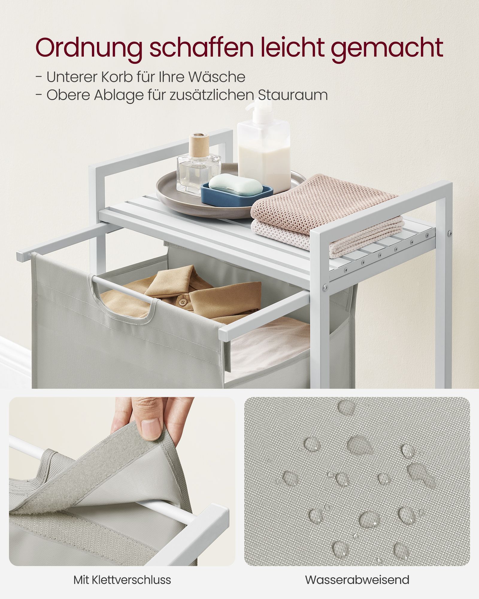 Skittentøyskurv 65 L med oppbevaringshylle, 50 × 33 × 72 cm – hvit og grå