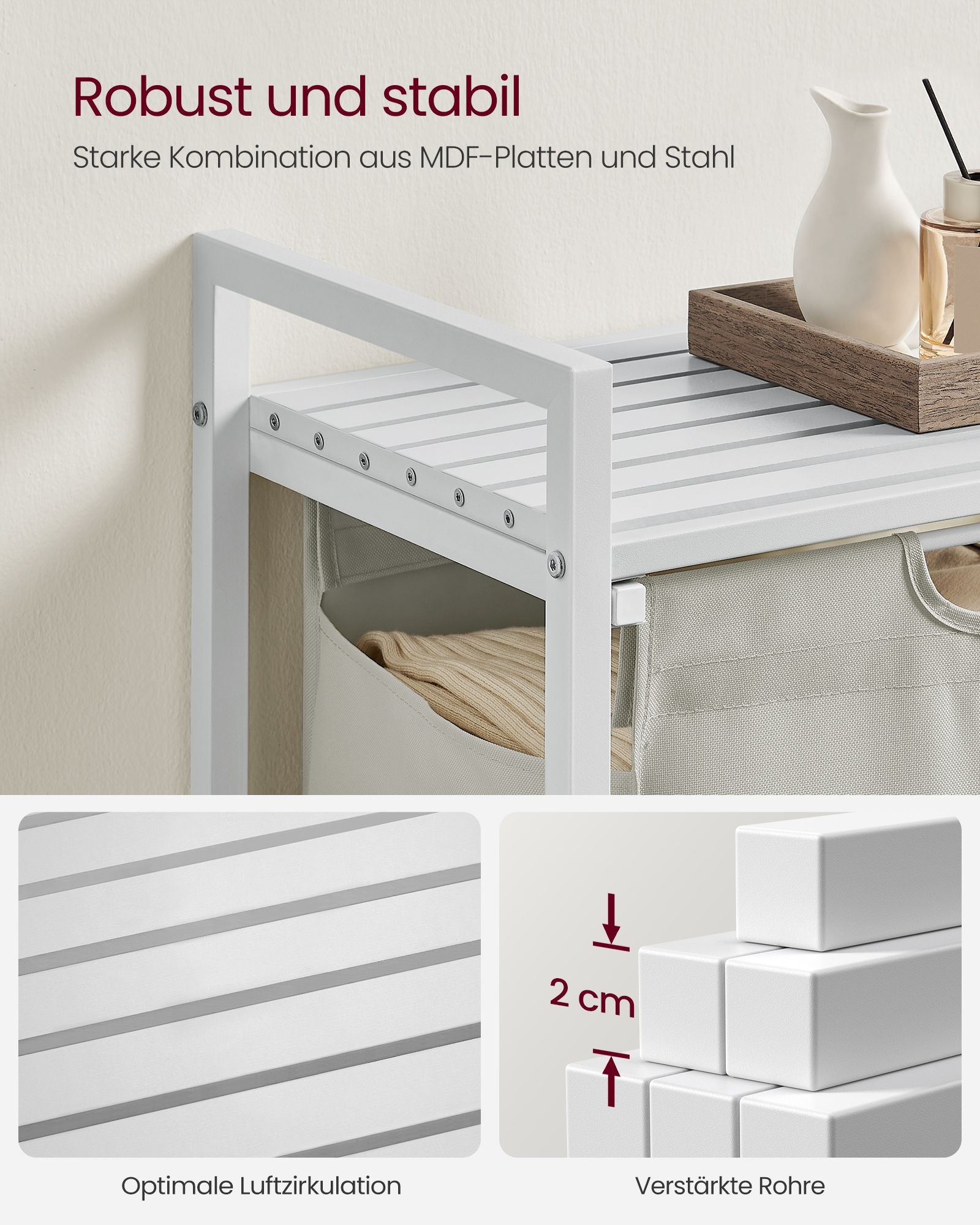 Skittentøyskurv 65 L med oppbevaringshylle, 50 × 33 × 72 cm – hvit og grå