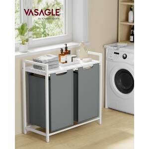 Skittentøyskurv med stativ og doble rom, 2 × 46 L – 73 × 33 × 72 cm, hvit/grå