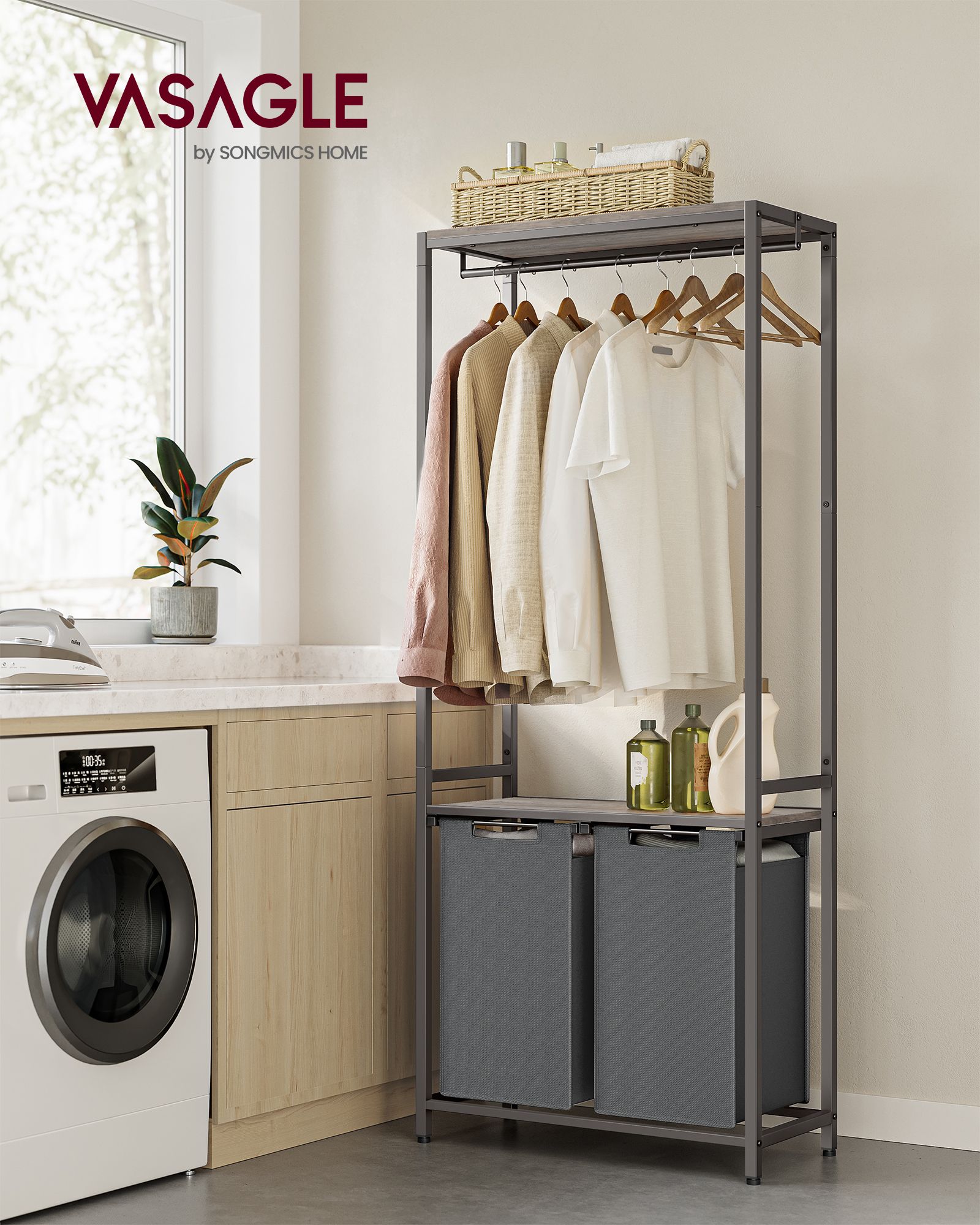 Skittentøyskurv og klesstativ i ett – 2 rom (2 × 46 L), 73 × 33 × 177 cm