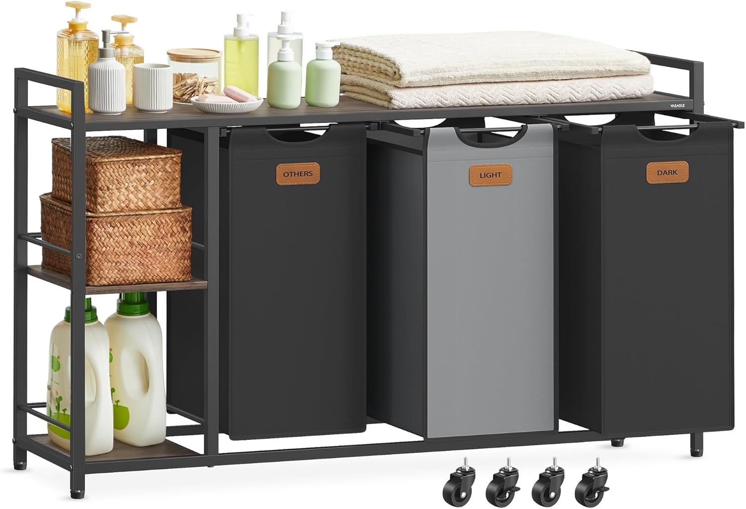 Rullbar vasketralle med 3 kurver – 2 hyller, 117 × 33 × 80,5 cm, svart