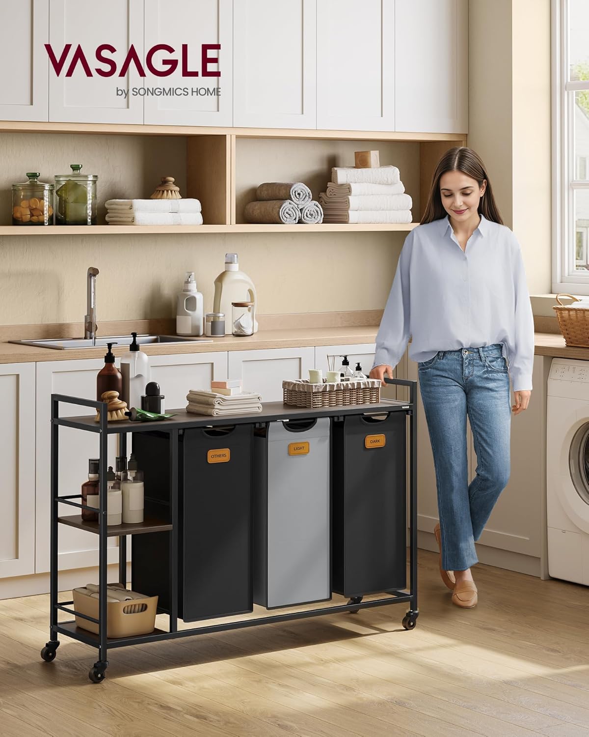 Rullbar vasketralle med 3 kurver – 2 hyller, 117 × 33 × 80,5 cm, svart