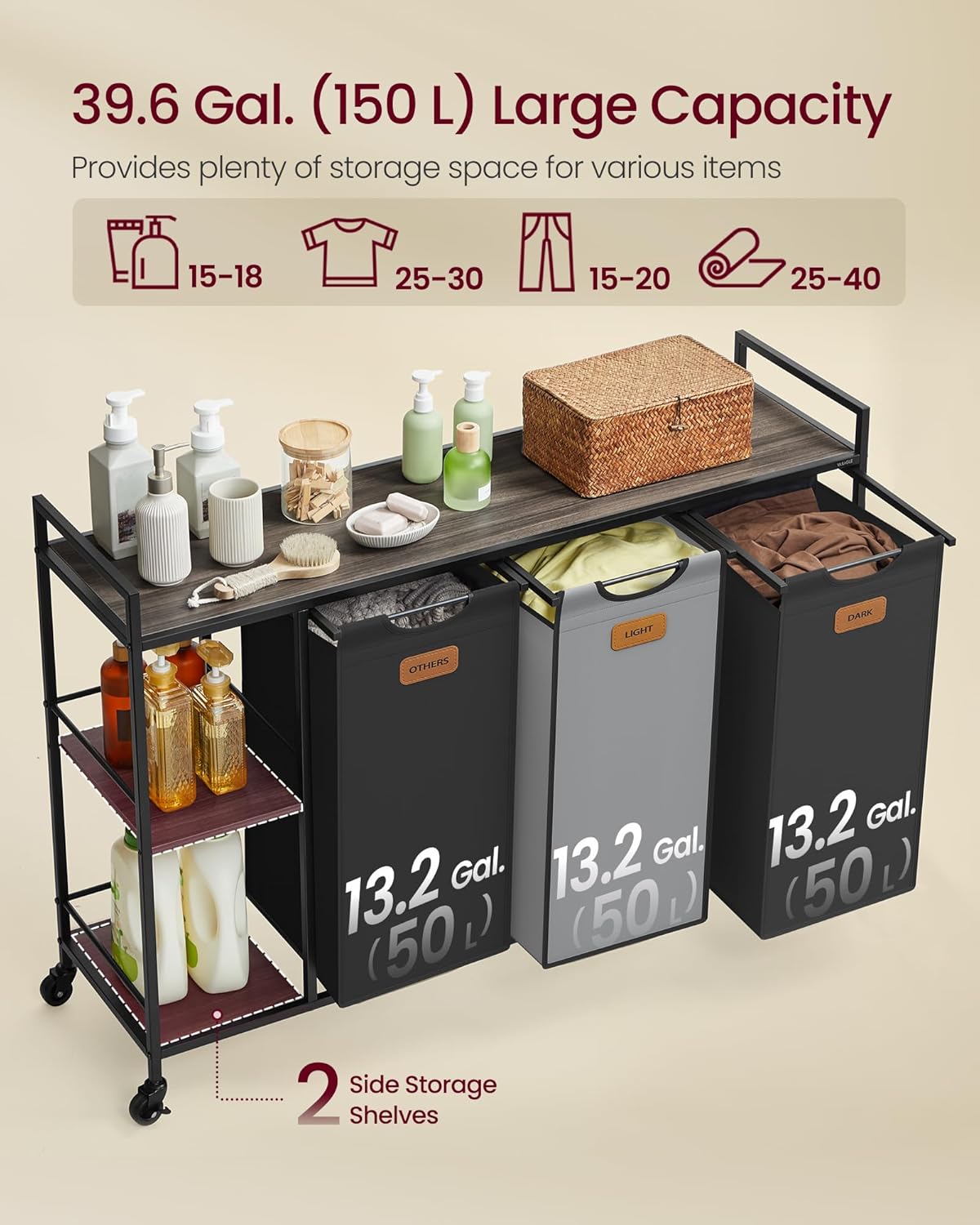 Rullbar vasketralle med 3 kurver – 2 hyller, 117 × 33 × 80,5 cm, svart