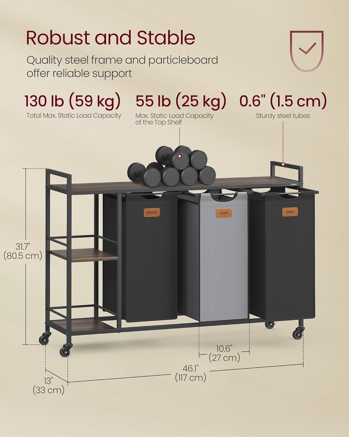 Rullbar vasketralle med 3 kurver – 2 hyller, 117 × 33 × 80,5 cm, svart