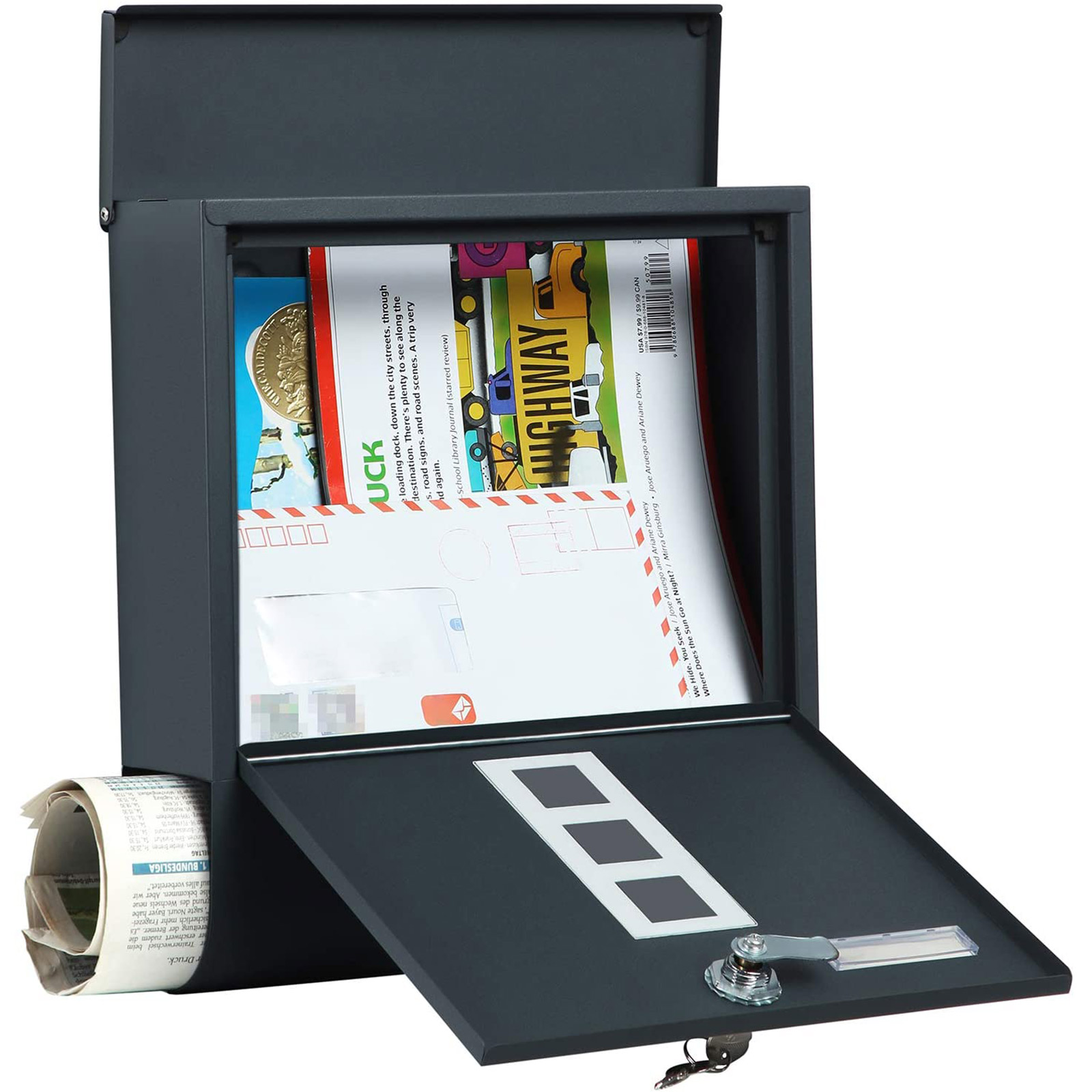 Grå postkasse i metall med lås – 30,5 × 9,5 × 33,3 cm