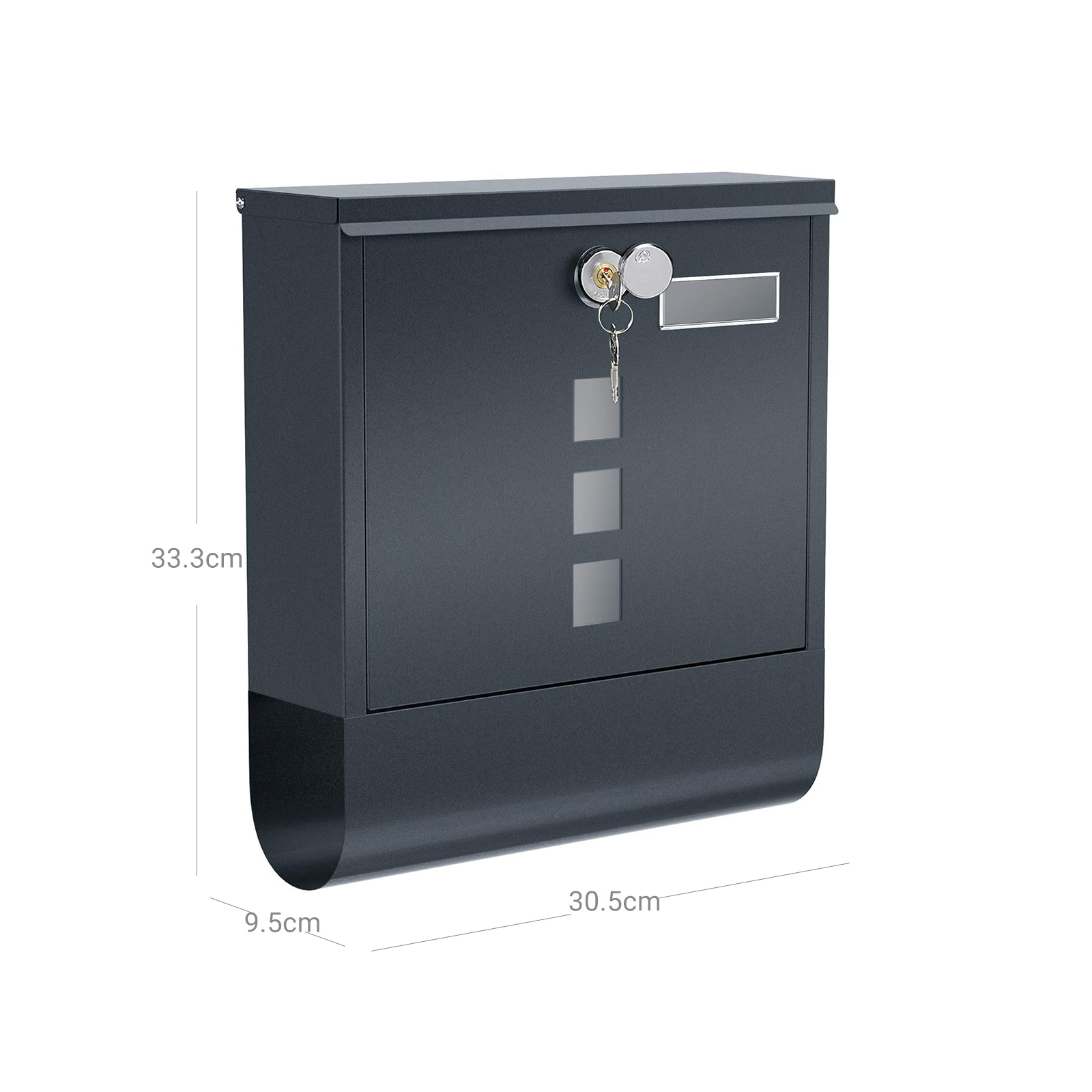 Grå postkasse i metall med lås – 30,5 × 9,5 × 33,3 cm