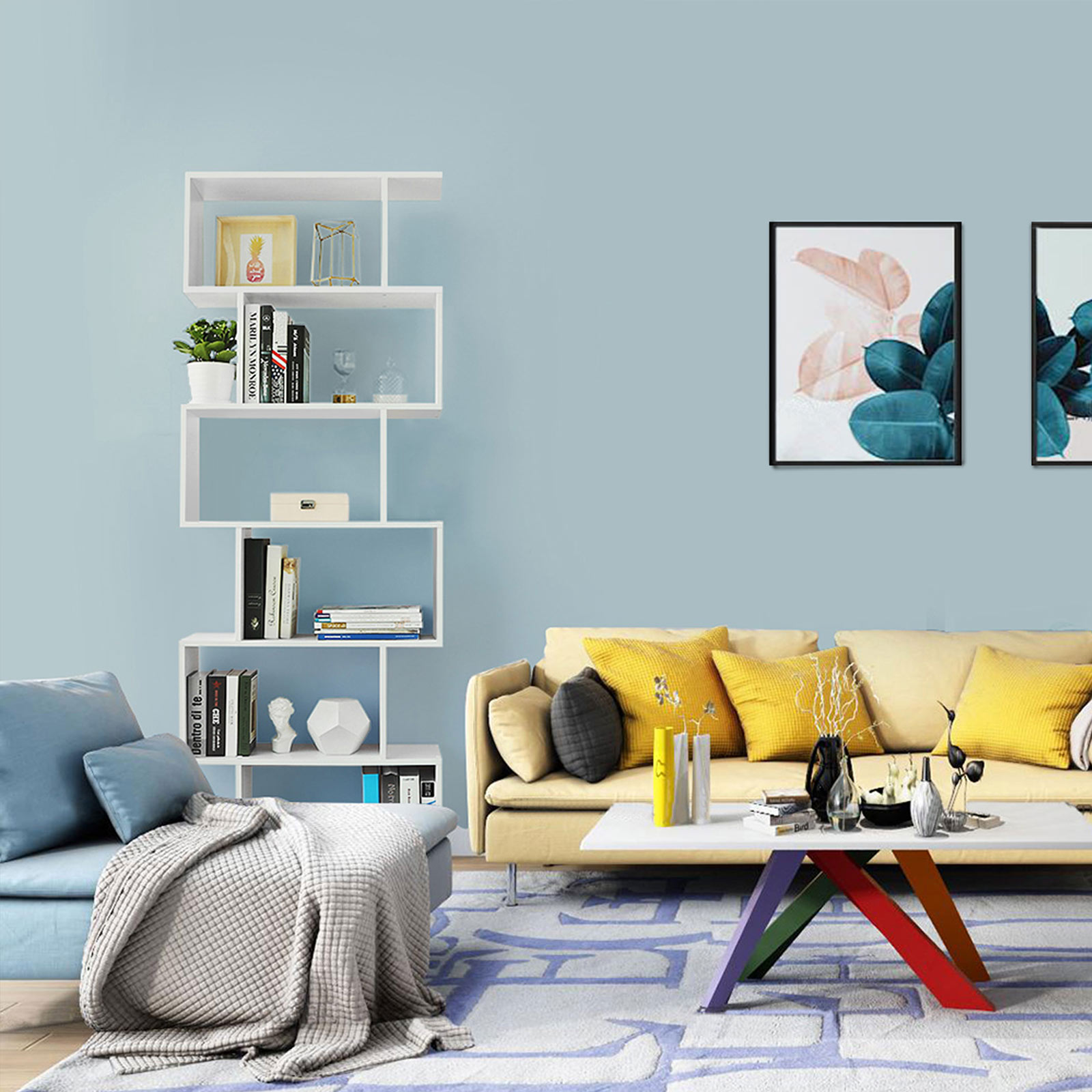 Hvit bokhylle med 6 nivåer – perfekt som romdeler, 70 × 24 × 190,5 cm