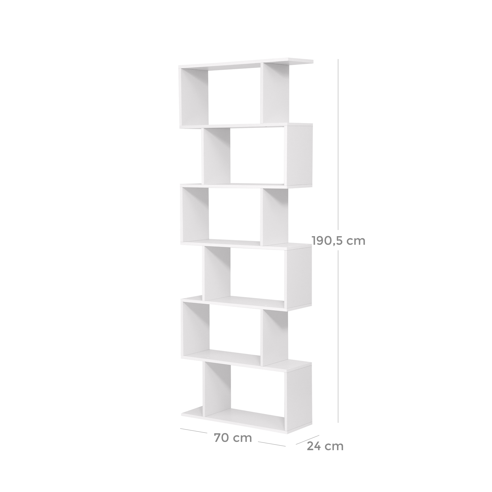 Hvit bokhylle med 6 nivåer – perfekt som romdeler, 70 × 24 × 190,5 cm