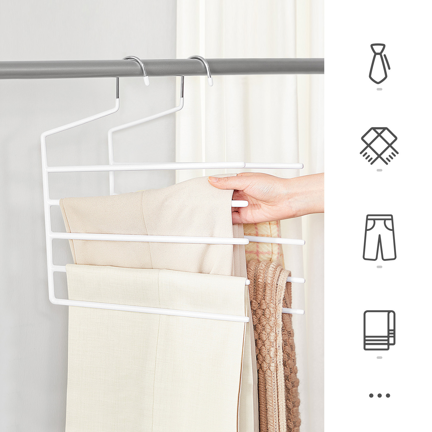 Buksehenger 4-pakning med 5 stenger – metall, sklisikker, hvit