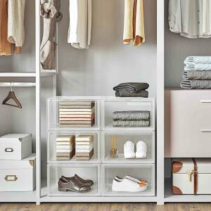 Stabelbare oppbevaringsbokser med dør, 6 stk – 36 × 28 × 22 cm, transparente