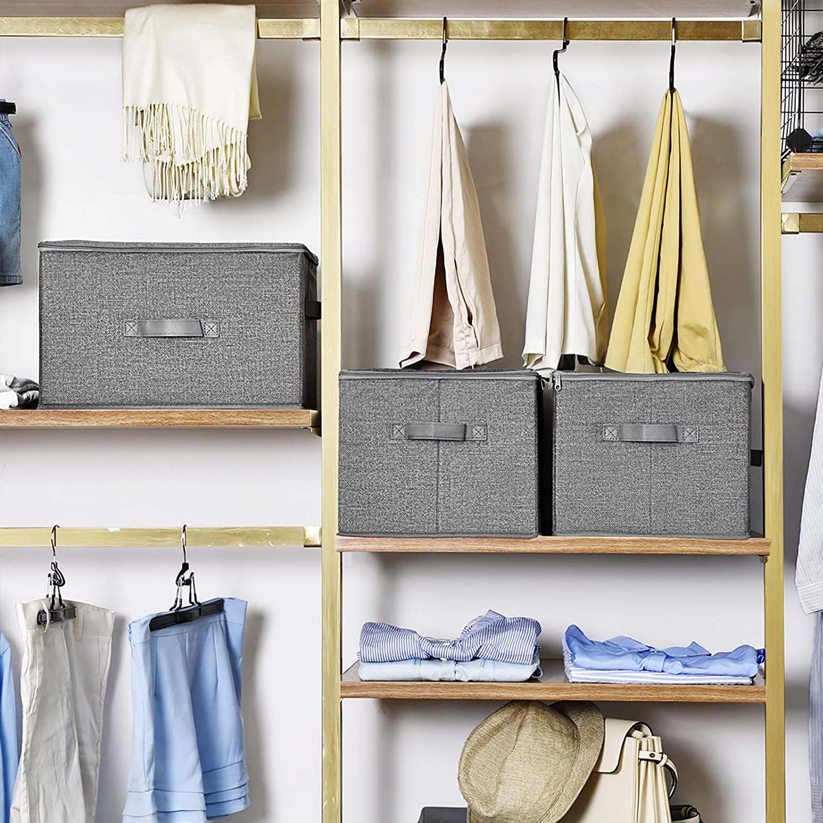 Oppbevaringsbokser i stoff 3-pakning med lokk og glidelås – grå, 40 × 30 × 25 cm