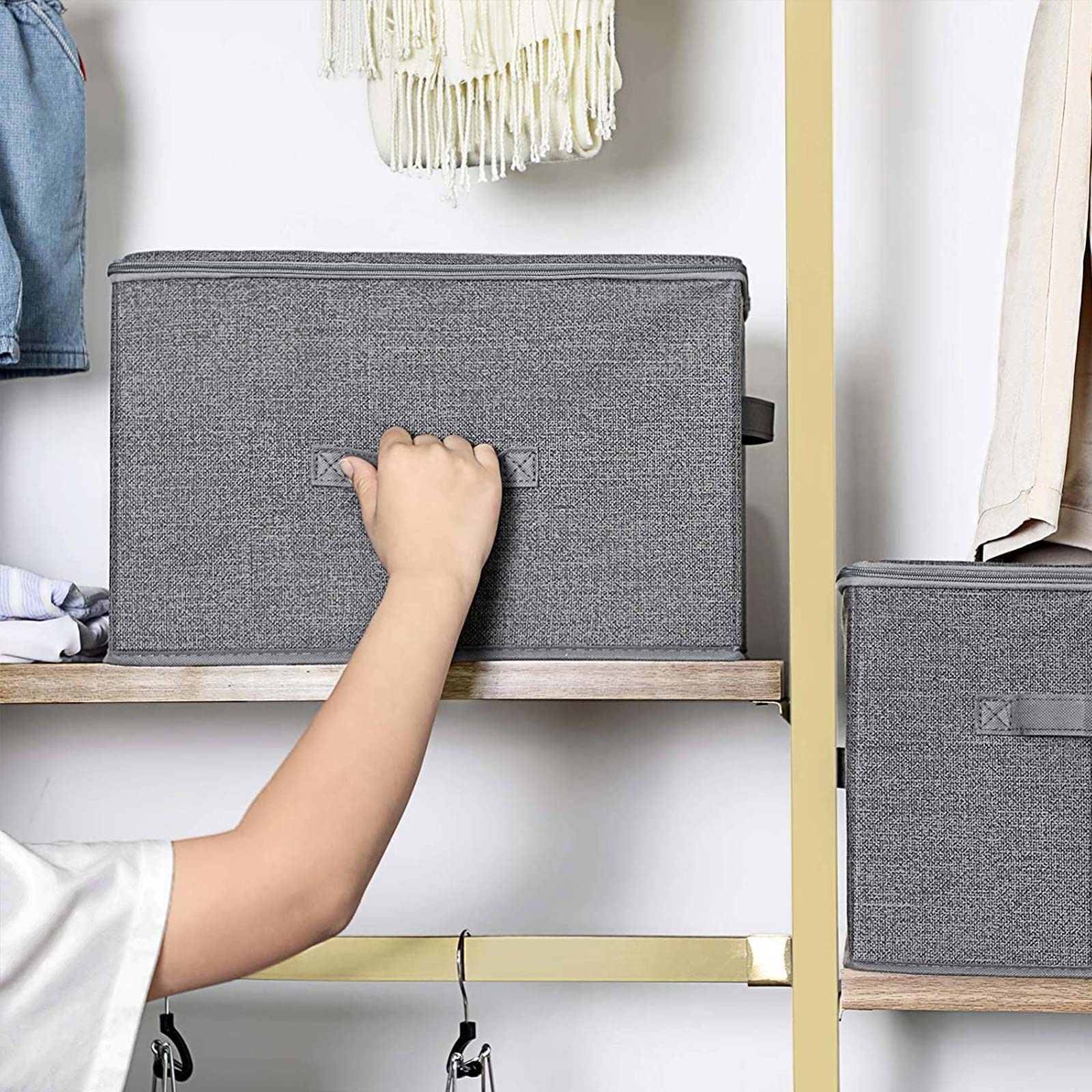 Oppbevaringsbokser i stoff 3-pakning med lokk og glidelås – grå, 40 × 30 × 25 cm