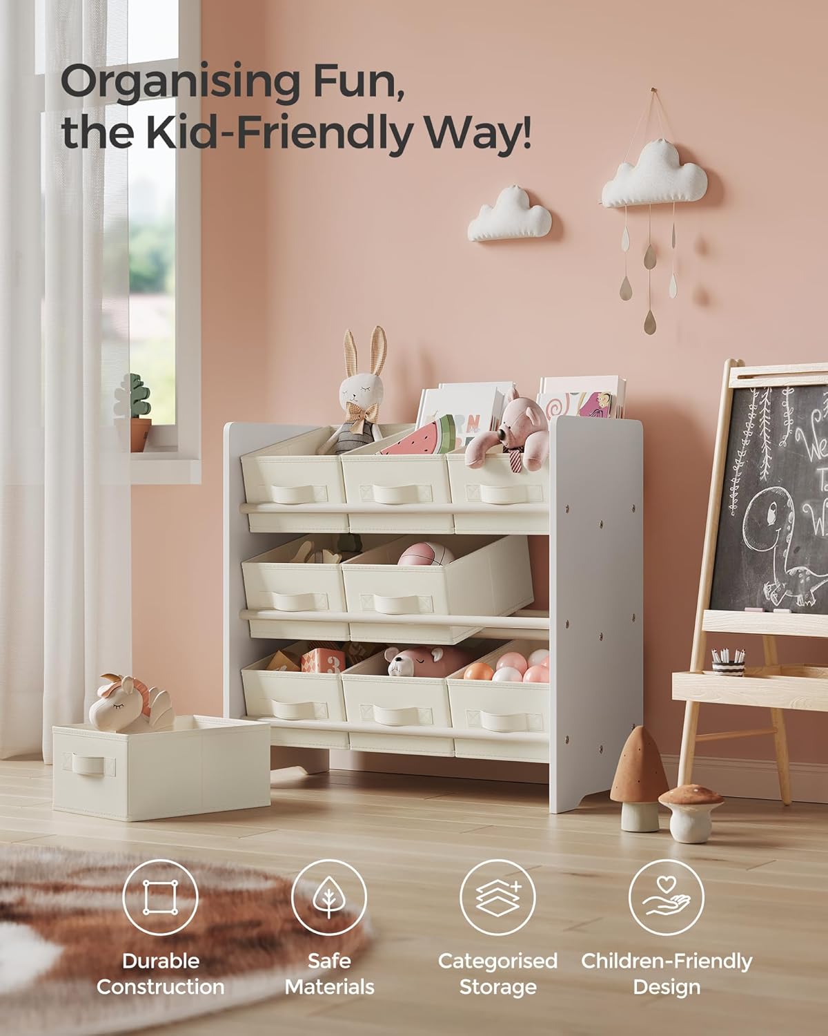 Barneoppbevaringshylle med 9 stoffbokser – kremhvit, 62,5 × 29,5 × 60 cm