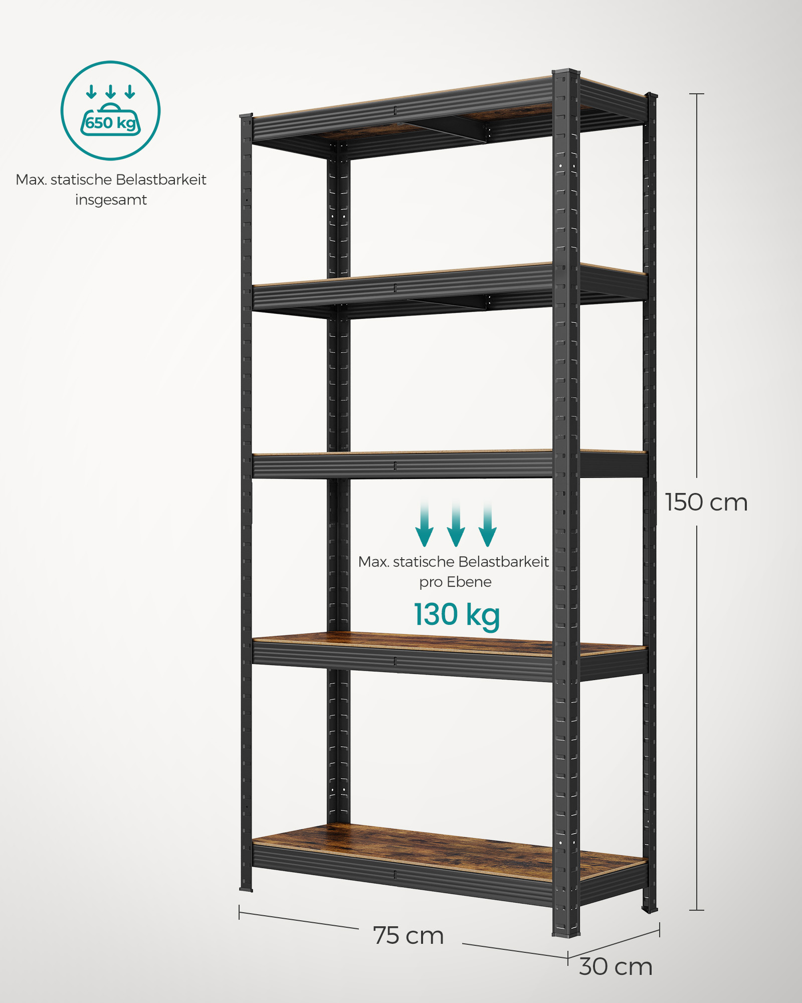 Oppbevaringshylle 75 x 30 x 150 cm – maks 650 kg, svart/brun