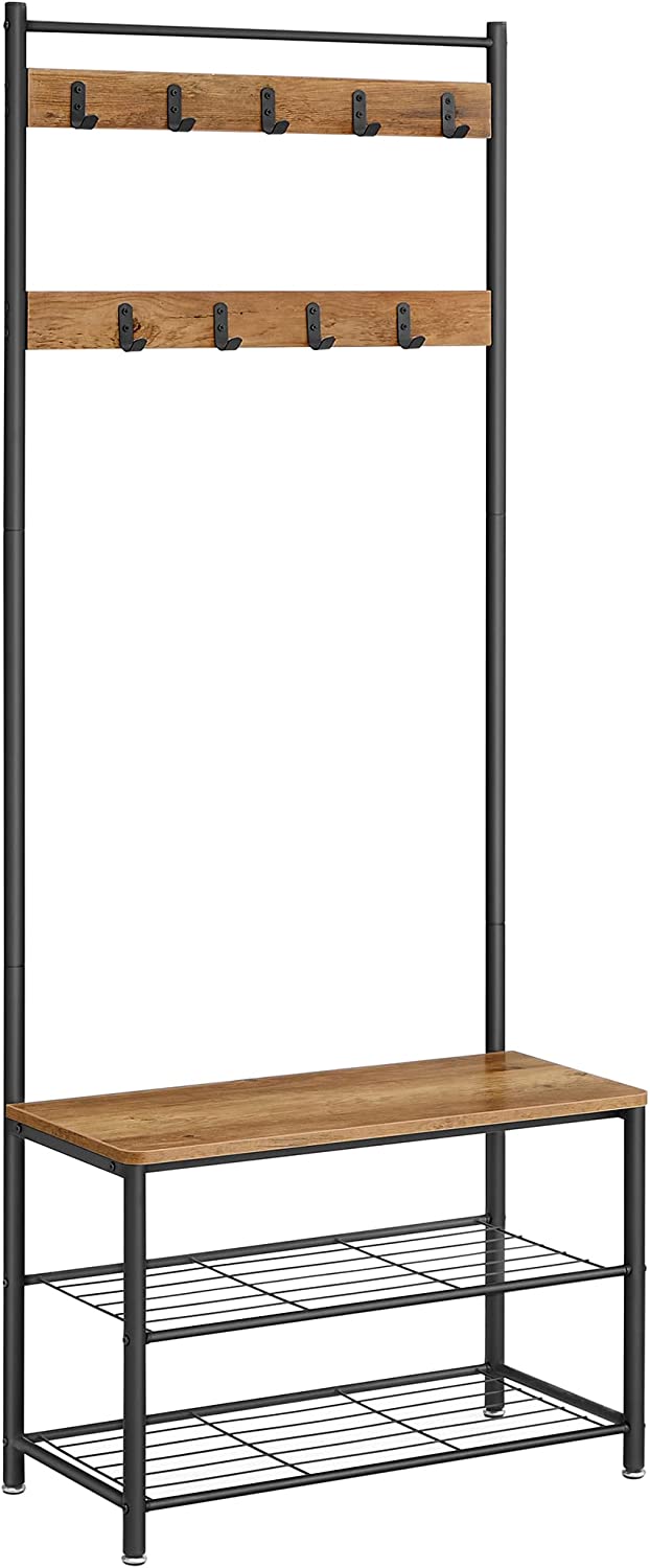 Klesstativ med benk og skohylle i rustikk valnøtt/svart