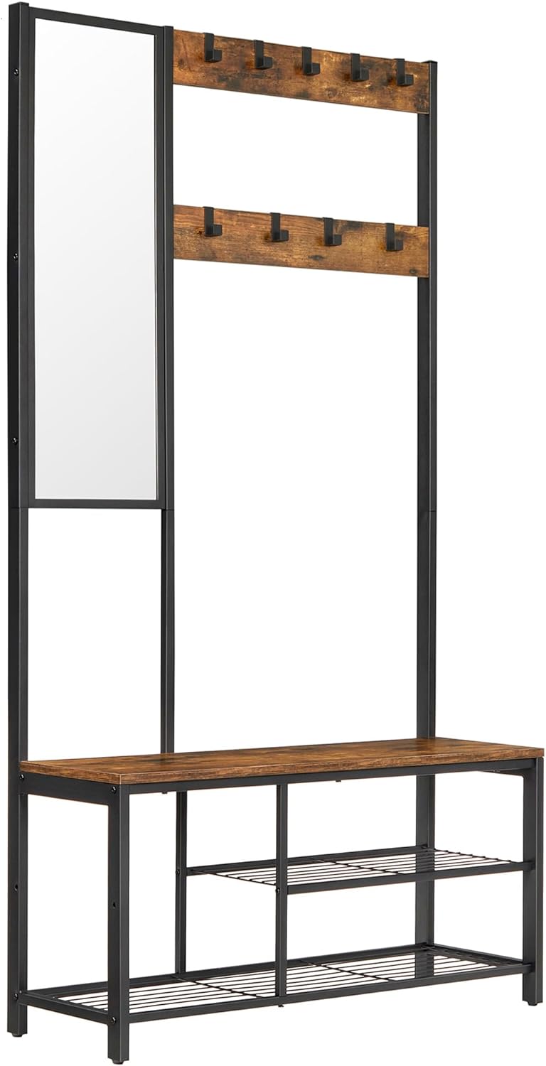 Klesstativ til gangen med speil + sittebenk og skohylle – vintage brun, 98 × 36 × 185 cm