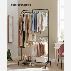 Dobbelt klesstativ med skohylle, svart metall – 105 x 50 x 195 cm