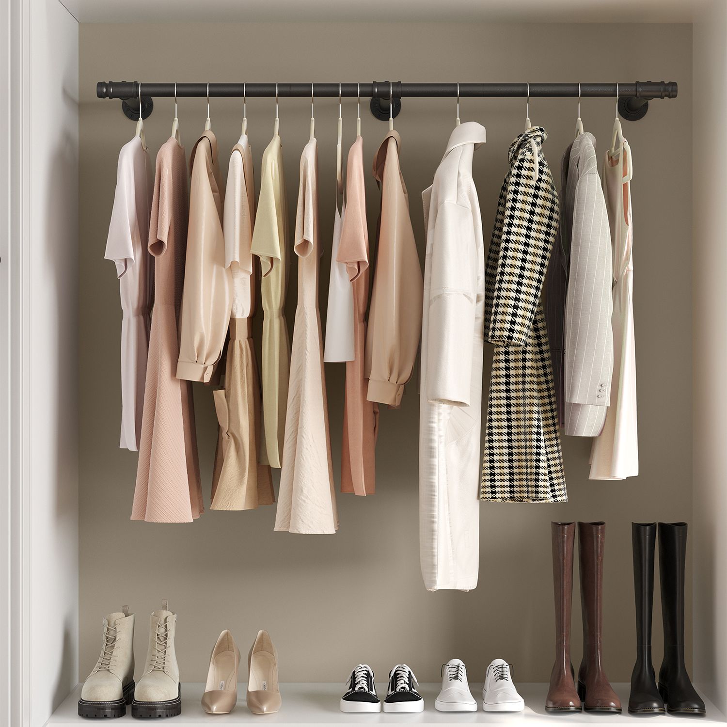 Veggmontert klesstang 170 cm i metall – industriell design, maks 68 kg