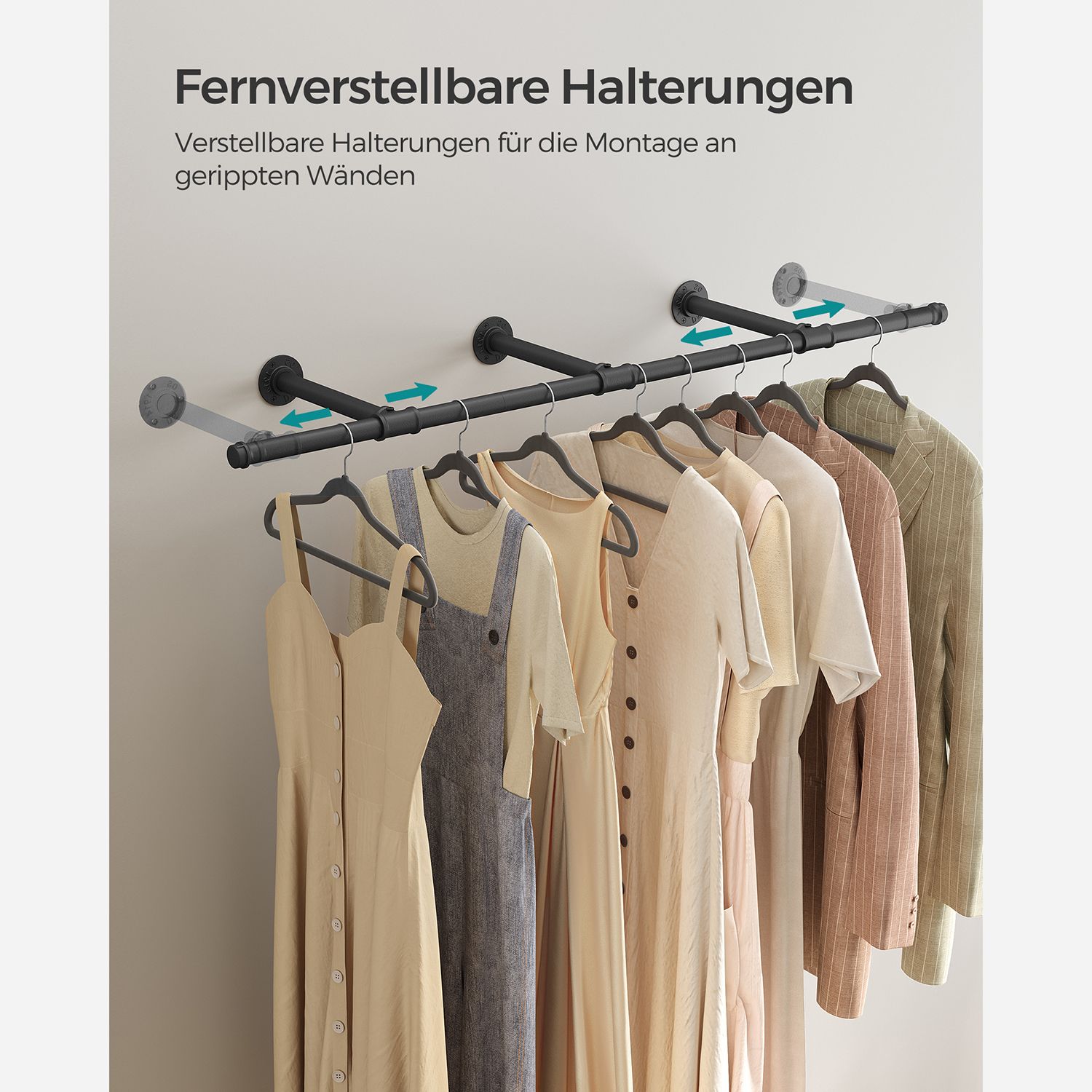 Veggmontert klesstang 170 cm i metall – industriell design, maks 68 kg